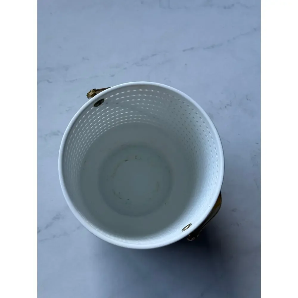 West Elm White Porcelain Pierced Hurricane Candle Holder Lantern Gold Handle